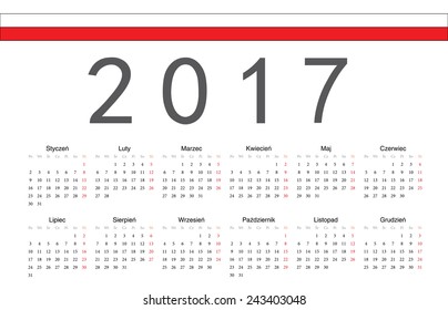 Simple Polish 2017 year vector calendar. Week starts from Monday.