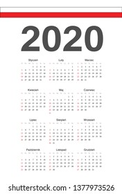 Simple Polish 2020 year vector calendar. Week starts from Sunday.