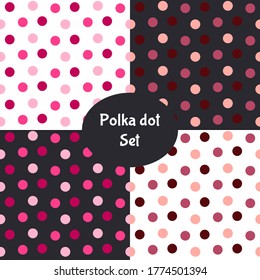 Simple polka dot set on white and black background in different shades of pink. Vector seamless patterns.