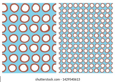 Simple Polka Dots Vector Pattern. Brown and White Circles Isolated on a Light Blue Background. Funny Hand Drawn Abstract Geometric Design. Delicate Bright Color Repeatable Layout.