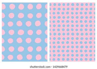 Simple Polka Dots Vector Pattern. Pink and Blue Circles Isolated on a Light Blue an Pastel Pink Background. Funny Hand Drawn Abstract Geometric Design. Delicate Bright Color Repeatable Layout.