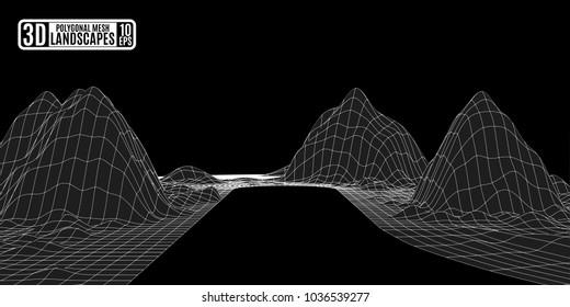 simple polygonal meshed mountains on black drawing vector