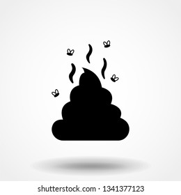 Simple poop illustration. Pile of shit with flies. Black and white vector icon.
