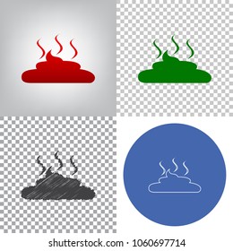 Simple Poop sign illustration. Vector. 4 styles. Red gradient in radial lighted background, green flat and gray scribble icons on transparent and linear one in blue circle.