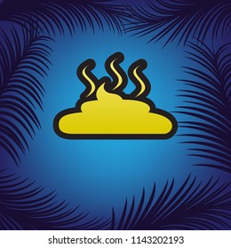 Simple Poop sign illustration. Vector. Golden icon with black contour at blue background with branches of palm trees.