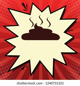 Simple Poop sign illustration. Vector. Dark red icon in lemon chiffon shutter bubble at red popart background with rays.