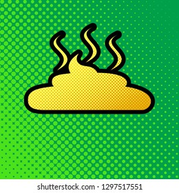 Simple Poop sign illustration. Vector. Pop art orange to yellow dots-gradient icon with black contour at greenish background.