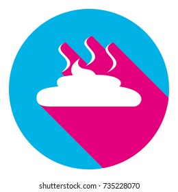 Simple Poop sign illustration. Vector. Flat white icon with mexican pink shadow inside sky blue(S and G) circle at white background. Isolated. Trend colors in 2017.