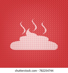 Simple Poop sign illustration. Vector. Knitted white icon on a red knitted background.