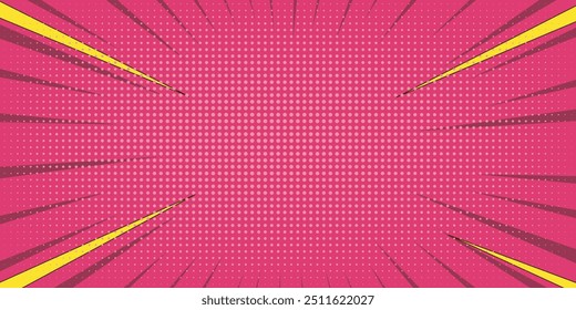 Simple pop art comic background. Pink comic design with lightning background, pop art style comic illustration. Cartoon frame, halftone effect retro cover