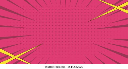 Einfaches Pop Art Comic Hintergrund. Rosa Comic-Design mit Blitzhintergrund, Pop-Art-Comic-Illustration. Cartoon-Rahmen, Halbtoneffekt Retro-Abdeckung