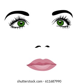 Simple pop art styled woman face with green eyes looking up. Easy editable layered vector illustration.