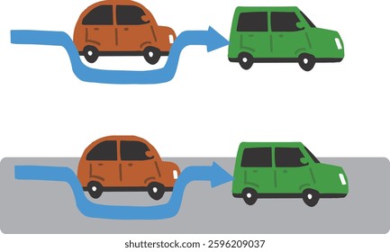 A simple and pop illustration set of cars overtaking other cars.
