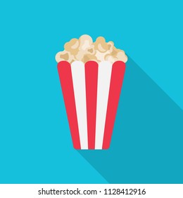 Simple Popcorn flat icon isolated on blue background. Cinema design elements in flat style vector illustration.