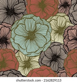 Simple amapola floral vectorial de verano sin fisuras. Pétalos de flor de textura de línea de marcadores. Diseño de impresión textil de flores de amapola de campo. Impresionante adorno de flores de jardín. Fondo de la tarjeta de primavera.