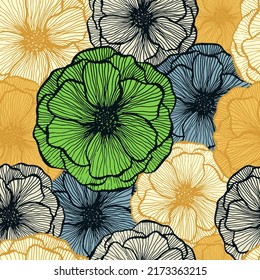 Simple poppy floral summer vector seamless pattern. Hand drawn line texture blossom petals. Field poppy flower wrapper print design. Stylish garden flower ornament. Spring card background.