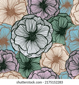 Simple poppy floral summer vector seamless pattern. Hand drawn line texture blossom petals. Field poppy flower wrapper print design. Elegant garden flower ornament. Color fashion tissue print.