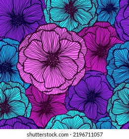 Simple amapola floral vectorial de verano sin fisuras. Pétalos de flor de textura de la línea del perro. Diseño de impresión de envoltorio de flores de amapola de campo. Elegante adorno de flores de jardín. Ilustración gráfica plana.