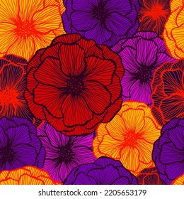 Simple poppy floral summer vector seamless pattern. Hand drawn line texture blossom petals. Field poppy flower textile print design. Bouquet flower unusual ornament. Scrapbook sample design.