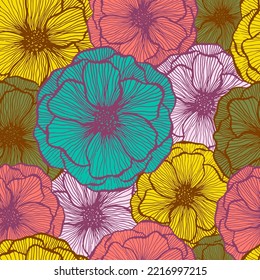 Simple poppy floral summer vector seamless pattern. Doodle line texture blossom petals. Field poppy flower fabric print design. Bouquet flower colorful wallpaper. Flat graphic illustration.