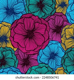 Simple amapola floral vectorial de verano sin fisuras. Pétalos de flor de textura dibujada a mano. Diseño de impresión textil de flores de amapola de campo. Impresionante adorno de flores de jardín. Fondo de la tarjeta de primavera.