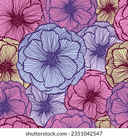 Simple poppy floral summer vector seamless pattern. Doodle line texture blossom petals. Field poppy flower wrapper print design. Beautiful garden flower ornament. Nature shape repeat backdrop.