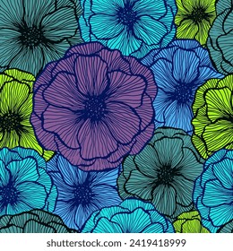 Simple amapola floral vectorial de verano sin fisuras. Pétalos de flor de textura de la línea del perro. Diseño de impresión textil de flores de amapola de campo. Elegante adorno de flores de jardín. Fondo de repetición de forma natural.