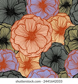 Simple amapola floral verano vector patrón sin fisuras. Textura de línea de marcadores pétalos de flor. Diseño de estampado de tela de amapola. Flor de ramo adorno de moda. Ilustración gráfica plana.