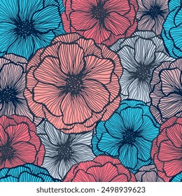 Simple poppy floral summer vector seamless pattern. Marker line texture blossom petals. Field poppy flower textile print design. Bouquet flower unusual ornament. Flat graphic illustration.