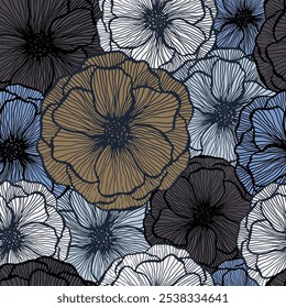 Simple poppy floral summer vector seamless pattern. Marker line texture blossom petals. Field poppy flower wrapper print design. Stylish garden flower ornament. Color fashion tissue print.