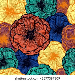 Simple poppy floral summer vector seamless pattern. Doodle line texture blossom petals. Field poppy flower textile print design. Bouquet flower modern wallpaper. Flat graphic illustration.