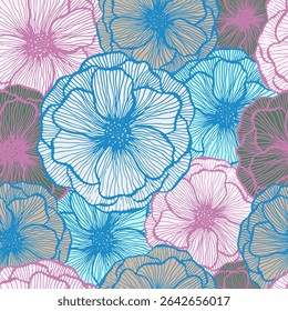 Simple poppy floral summer vector seamless pattern. Doodle line texture blossom petals. Field poppy flower fabric print design. Elegant garden flower ornament. Spring card background.