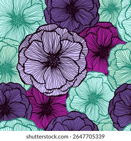 Simple poppy floral summer vector seamless pattern. Doodle line texture blossom petals. Field poppy flower fabric print design. Bouquet flower colorful wallpaper. Scrapbook sample design.
