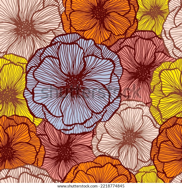 Simple poppy floral summer vector seamless pattern. Doodle line texture blossom petals. Field poppy flower wrapper print design. Bouquet flower amazing wallpaper. Nature shape repeat backdrop.