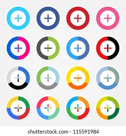 Simple popular social networks icon with plus sign. Colored circle shape internet button with white stroke and drop shadow on gray background. This vector illustration web design elements saved 8 eps