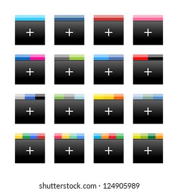 Simple popular social networks icon with plus sign. Black square shape internet button with popular colors striped lines on white background. Vector illustration web design elements saved in 10 eps