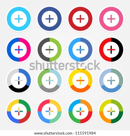 Simple popular social networks icon with plus sign. Colored circle shape internet button with white stroke and drop shadow on gray background. This vector illustration web design elements saved 8 eps