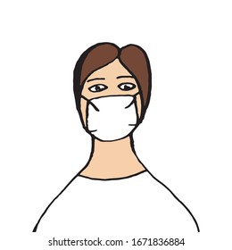 Simple portrait of cartoon sketch illustration/woman in mask against corona virus COVID-19