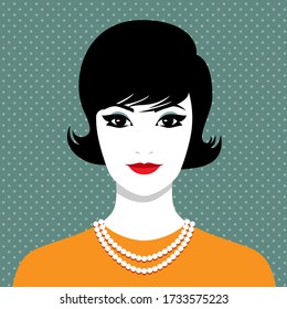 Simple portrait of classic elegant young woman with black hair and red lips wearing orange dress and two strand pearl necklace against spotted background, vector illustration in retro style