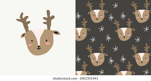 simple portrait of cute animal deer and seamless pattern. Hand drawn vector illustration of winter pattern with deer and snowflower. Can use for baby textile, nursery cards, posters, wallpapers. 