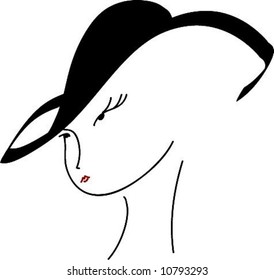 Simple portrait of fashionable woman with black hat and red lipstick