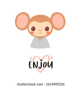 Simple portrait, pretty little animal avatar with lettering quote. Cute monkey head Scandinavian vector illustration. Doodle style icon for kids cards, baby shower, posters, bday invitation, clothes 