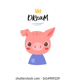 Simple portrait, pretty little animal avatar with lettering quote. Cute pig head Scandinavian vector illustration. Doodle style icon for kids cards, baby shower, posters, b-day invitation, clothes  