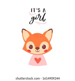 Simple portrait, pretty little animal avatar with lettering quote. Cute fox head Scandinavian vector illustration. Doodle style icon for kids cards, baby shower, posters, b-day invitation, clothes  