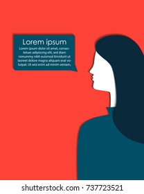 Simple portrait of a woman with a speech bubble talking over red background. Vector illustration