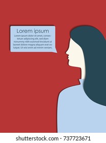 Retrato simple de una mujer con una burbuja de habla hablando sobre un fondo brillante. Ilustración del vector