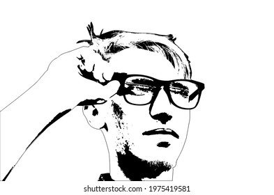 Simple Portrait of a Young Man Adjusting His Glasses. 