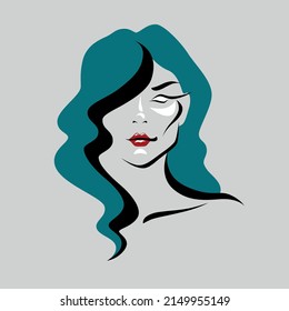 Simple portrit of a blue-haired woman. Minimalistic picture of a beautiful woman with long blue hair and red lips on the gray background.