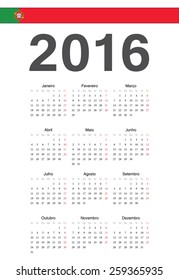 Simple Portuguese 2016 year vector calendar. Week starts from Mondays.