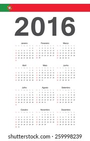 Simple Portuguese 2016 year vector calendar. Week starts from Sunday.